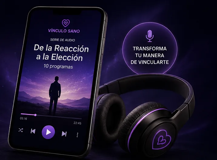 Serie de audio VínculoSano en un teléfono, junto a auriculares